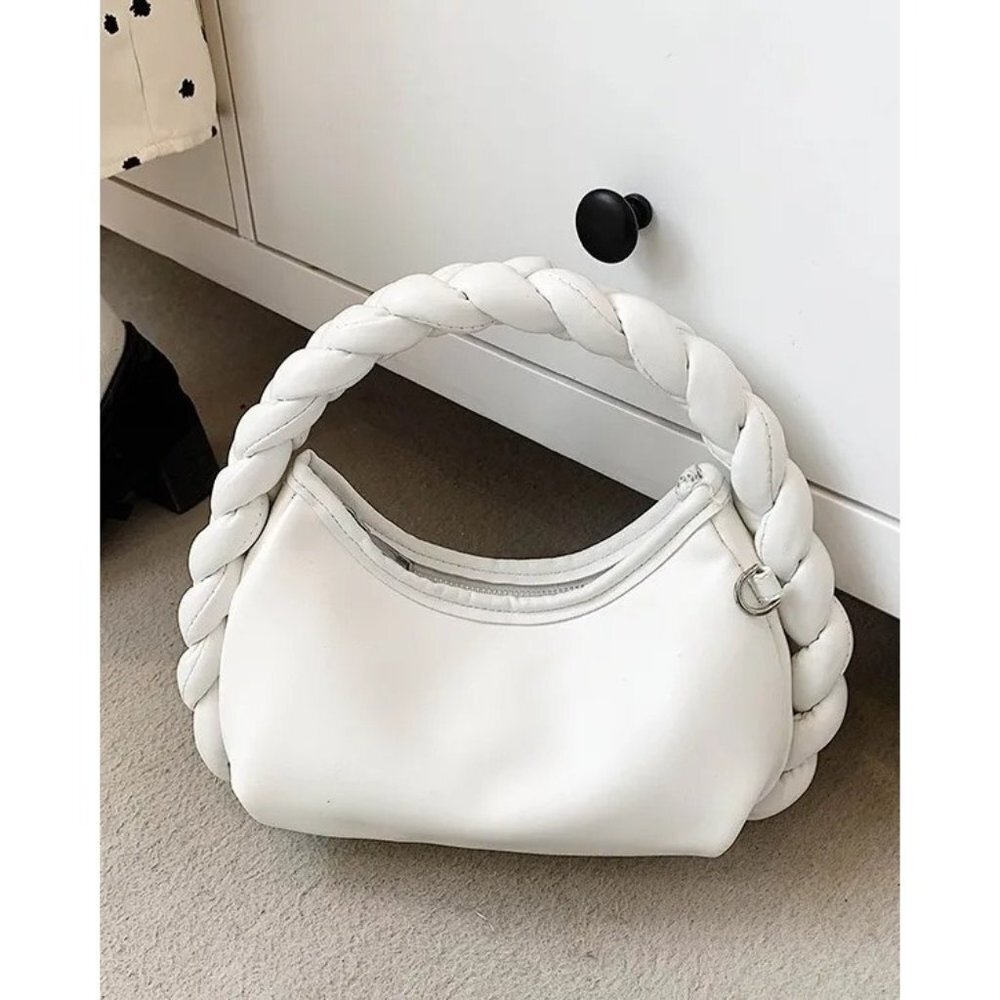 New Braided Handle Vegan Leather Hobo‎ Bag in White